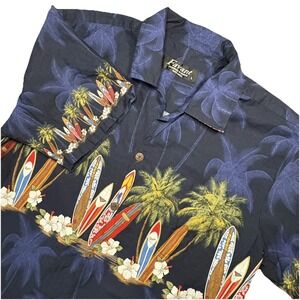 Favant Button Up Hawaiian Shirt Surfboards Palm Trees Hibiscus Mens Size Large